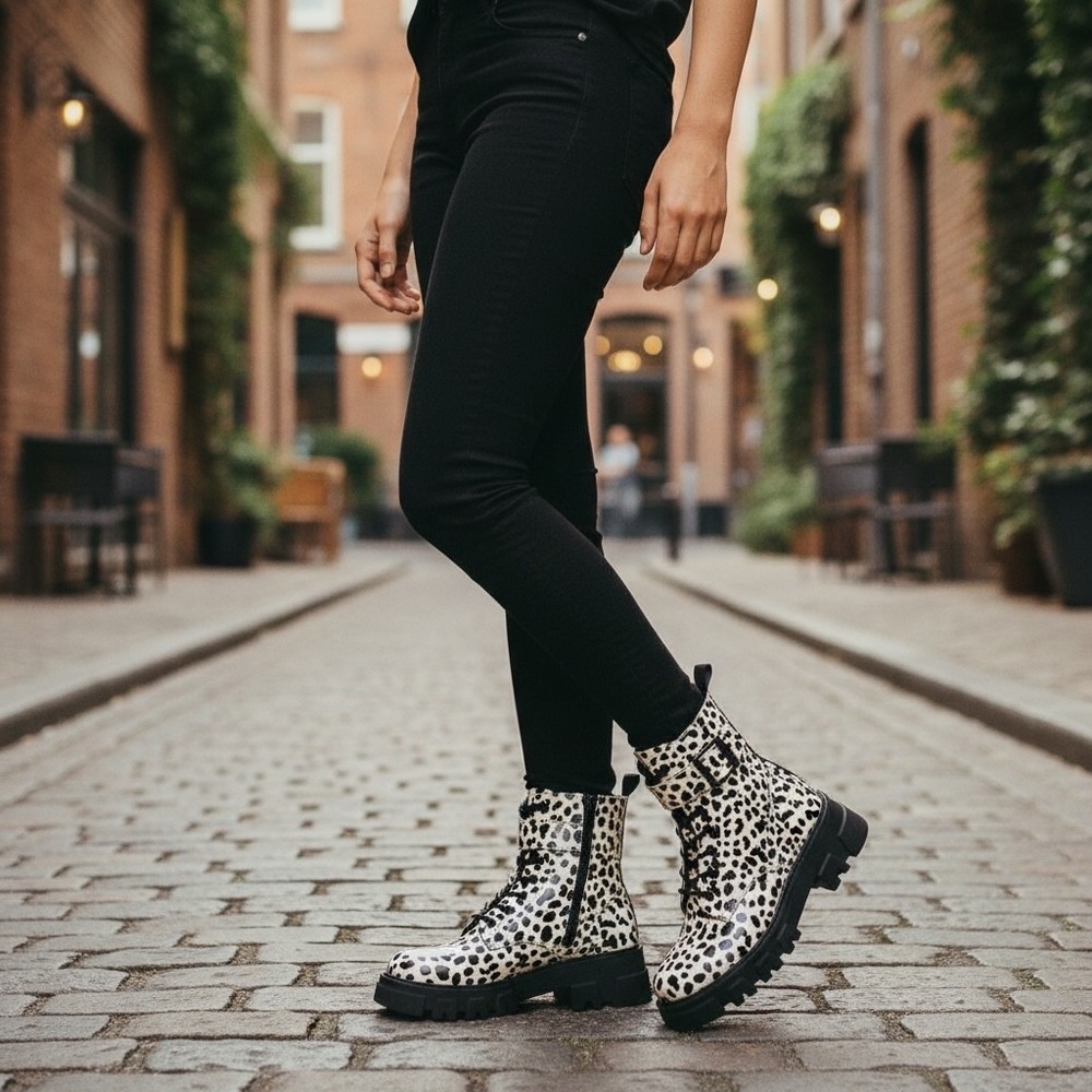 Levis Womens Giselle- Leopard Print Combat Lace‎ Up Boots Shoes Black Cream NEW